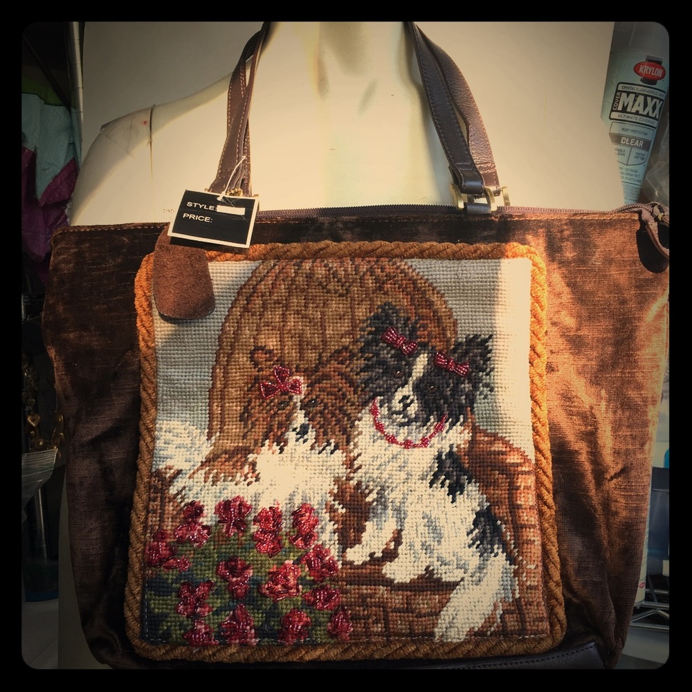 Cynthia Hart Dog Needlepoint and Beaded Velvet Bag